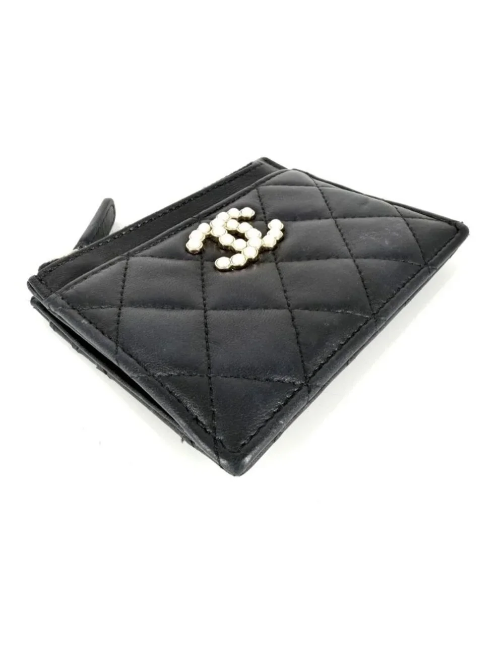 Chanel Coin Purse Quilted CC Logo Card Slot Polka Dot Lambskin Faux Pearl Black